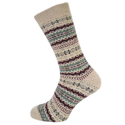 Knitted sock with a fairisle pattern on a white background