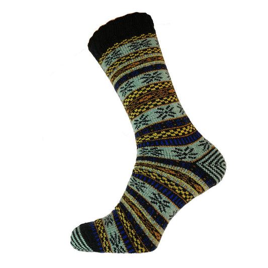 A single black sock with a scandinavian pattern in blue and yellow along the cuff.