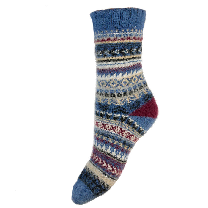 Blue and burgundy Scandi patterned soft Cosy socks