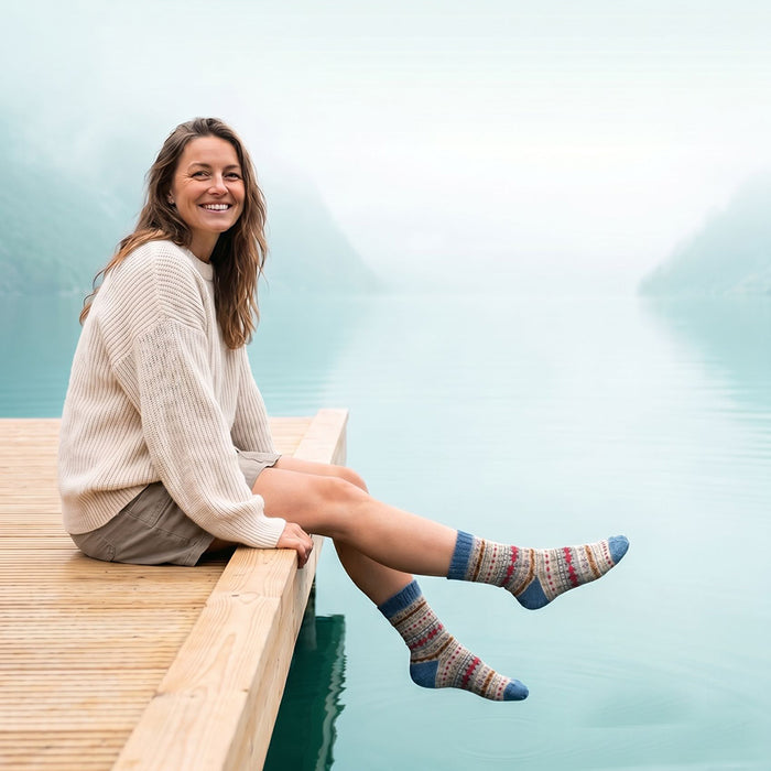 Woman sitting on a wooden dock wearing patterned socks with a blurred water background