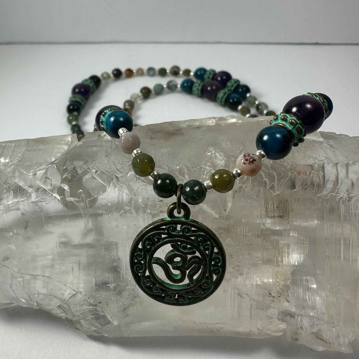 Bronze Patina 'Om' Pendant on Mixed Bead Necklace - Smokin Resin Company