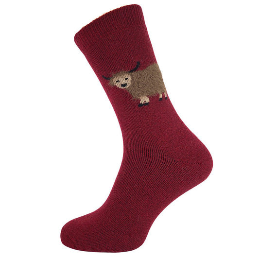 Burgundy wool socks with fluffy cow