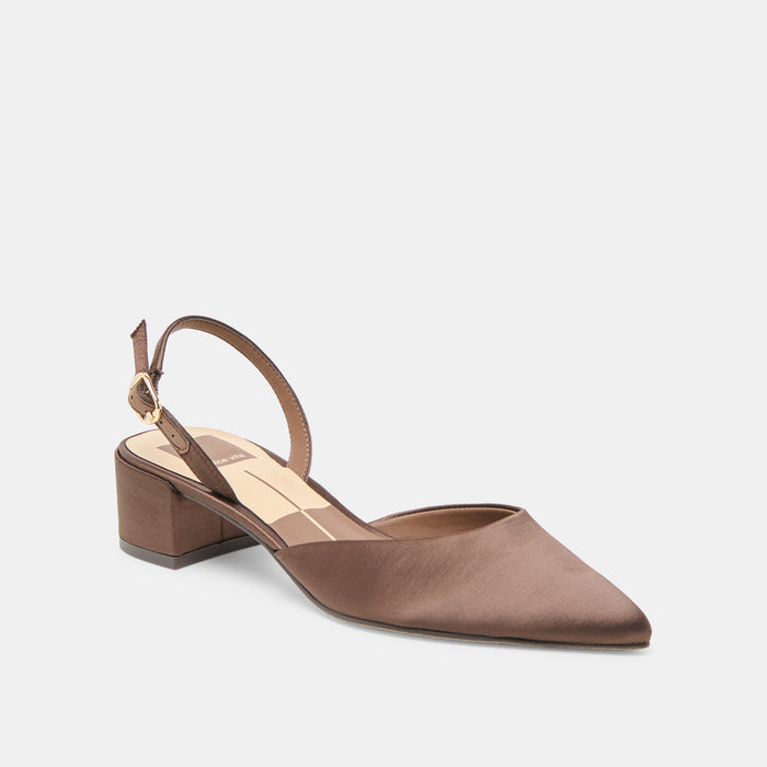 CAREL HEELS DK BROWN SATIN