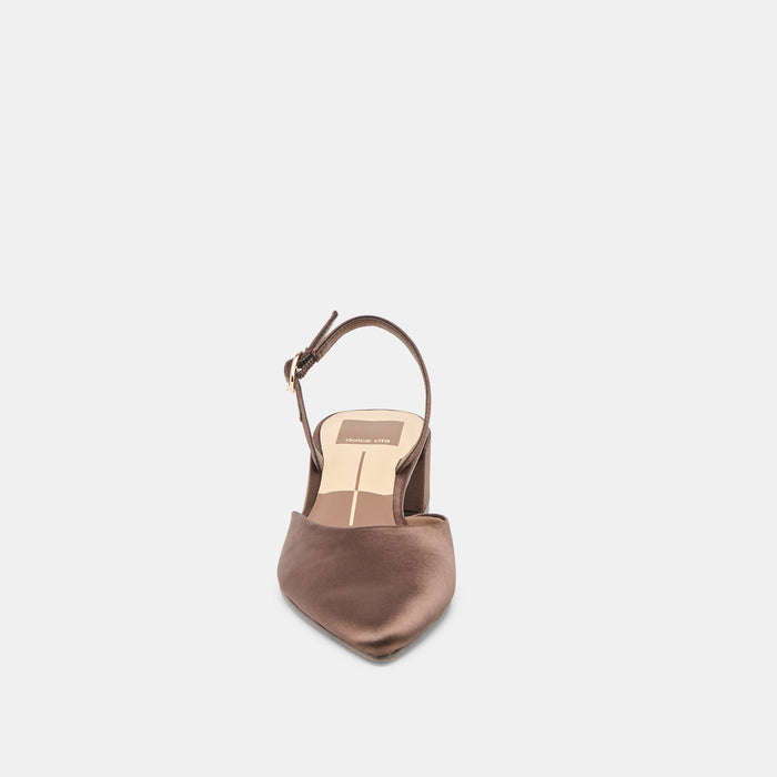 CAREL HEELS DK BROWN SATIN