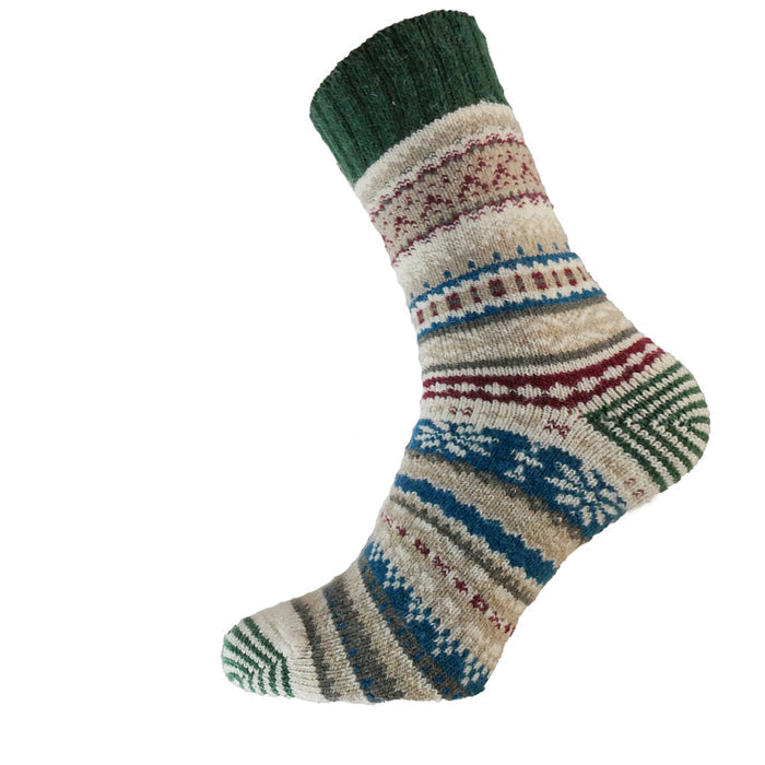 A pair of cream, blue, and green Nordic patterned wool blend socks.