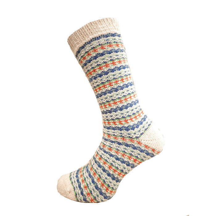 Knitted sock with multicolor pattern on a white background