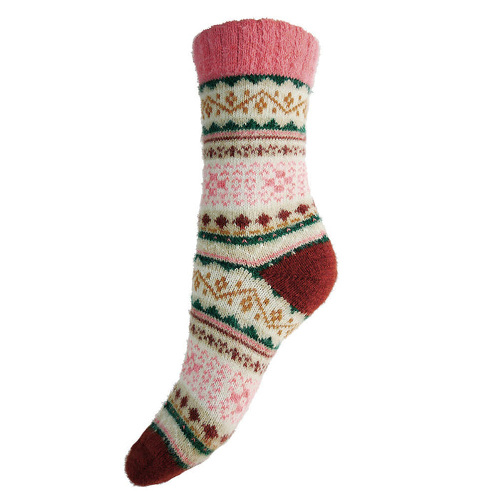 Cream, pink and brown Scandi patterned soft Cosy socks