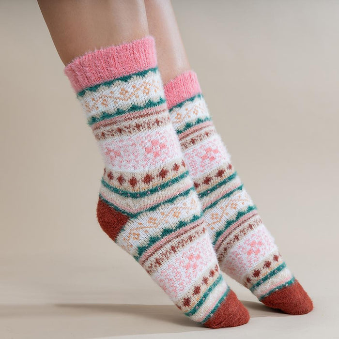 Cream, pink and brown Scandi patterned soft Cosy socks