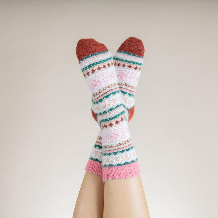 Cream, pink and brown Scandi patterned soft Cosy socks