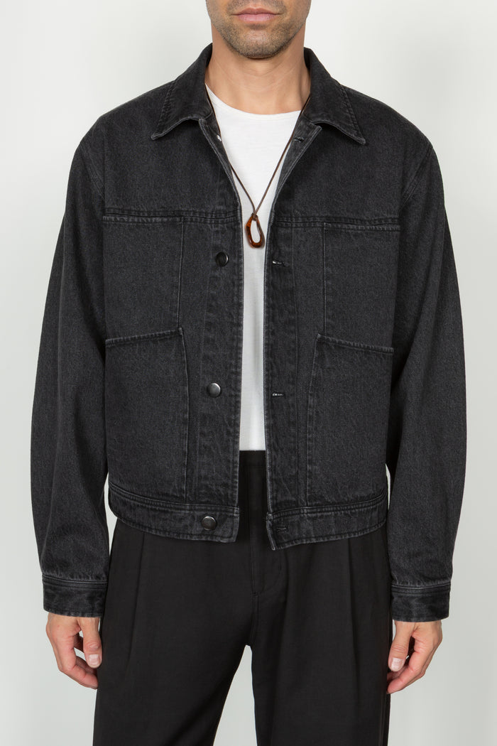 Cropped Four Pocket Trucker Jacket - Washed Black Denim