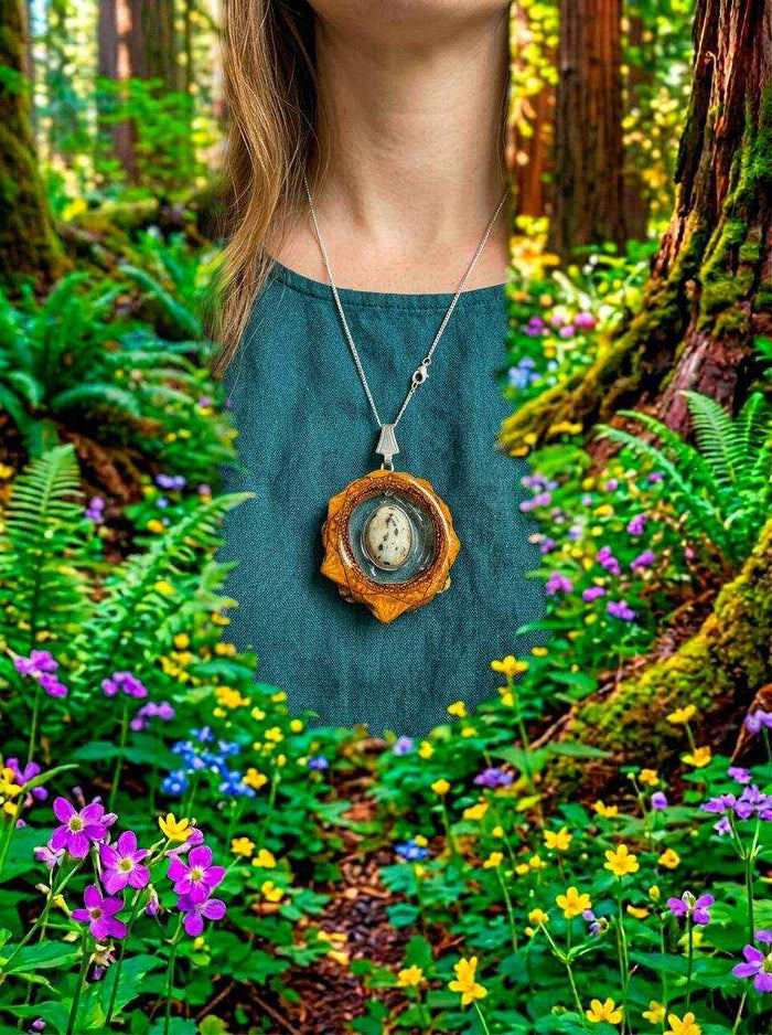 Dalmatian Jasper Pendant - Handcrafted PNW Pinecone Jewelry for Nature Lovers