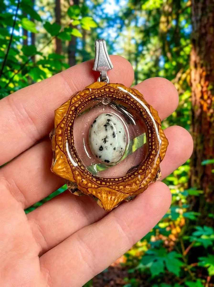 Dalmatian Jasper Pendant - Handcrafted PNW Pinecone Jewelry for Nature Lovers