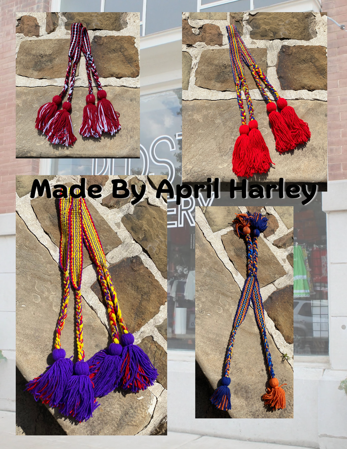 Double strap handwoven yarn belts made by Mvskoke artist, April Harley