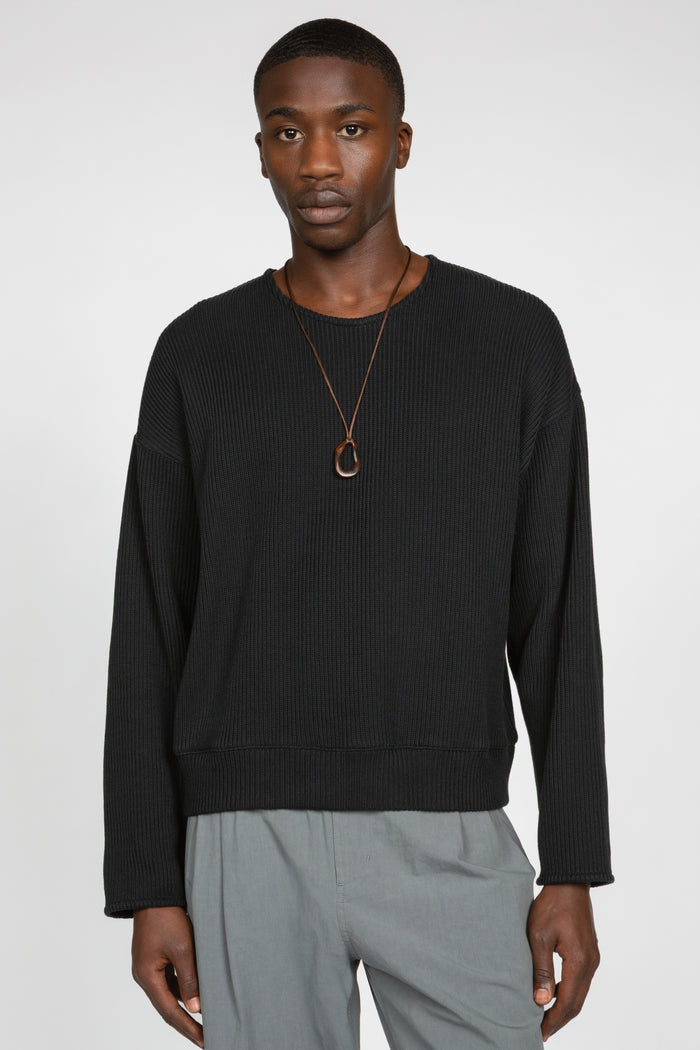 Drop Shoulder Sweater - Black Purl Knit