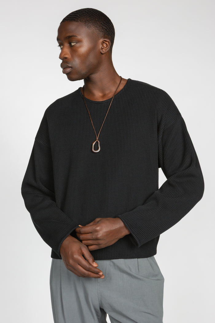 Drop Shoulder Sweater - Black Purl Knit