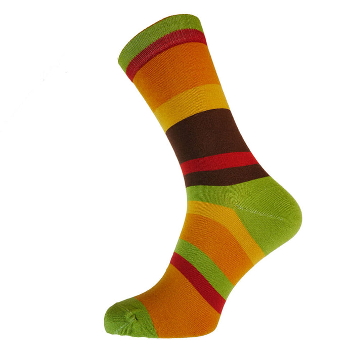 Green, orange, yellow and brown striped men's bamboo socks on a white background.