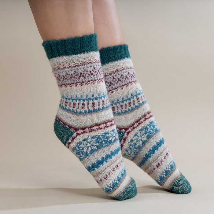 Fawn, green and burgundy Scandi patterned soft Cosy socks