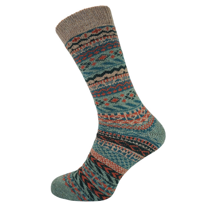 Green and orange toned Fairisle patterned cosy crew socks