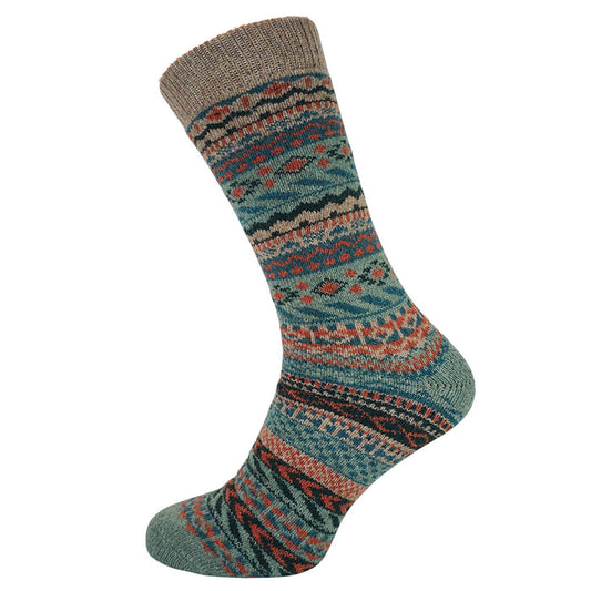 Green and orange toned Fairisle patterned cosy crew socks