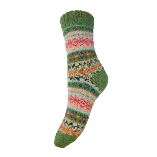 Green, fawn and pink Scandi patterned soft Cosy socks