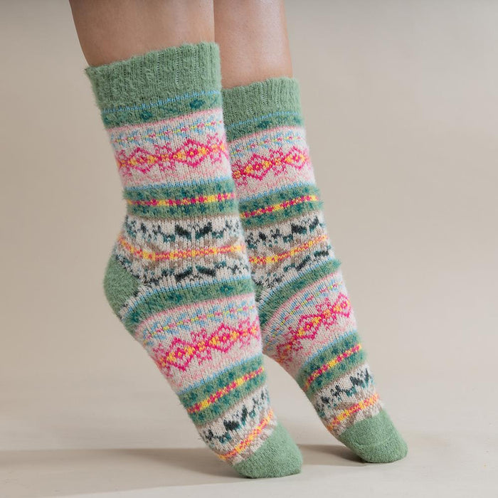 Green, fawn and pink Scandi patterned soft Cosy socks
