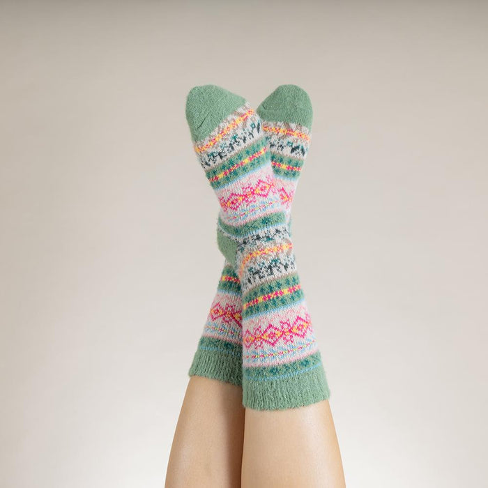 Green, fawn and pink Scandi patterned soft Cosy socks
