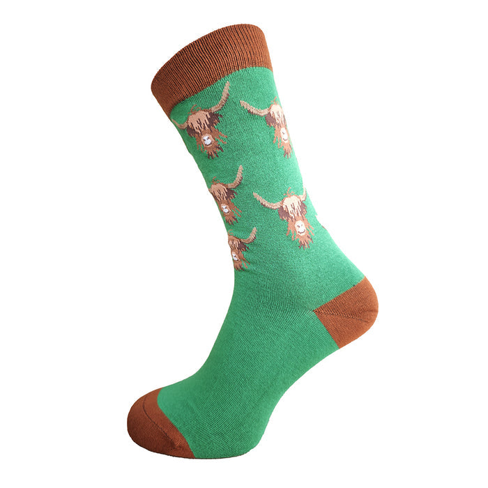 Green Highland Cow Men's Bamboo Socks - Animal Print Crew Socks