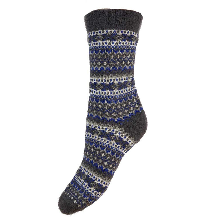 Blue and grey knitted sock with a Fairisle pattern on a white background