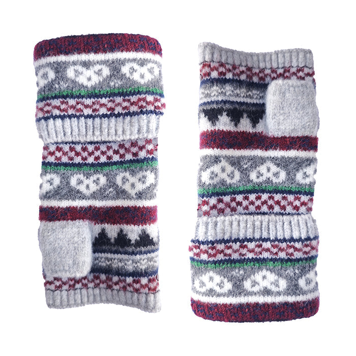 Pair of knitted fingerless gloves/wrist warmers with a pattern on a white background