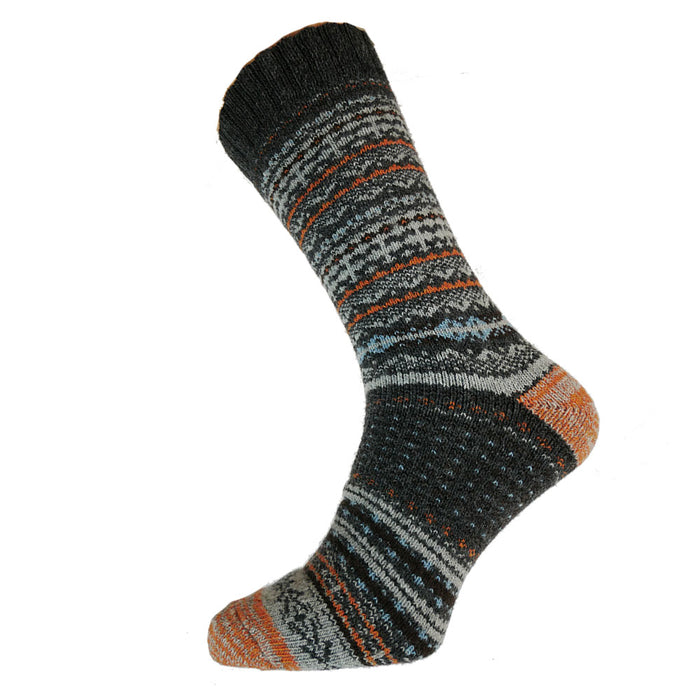 A pair of grey, orange and blue Nordic patterned wool blend socks.