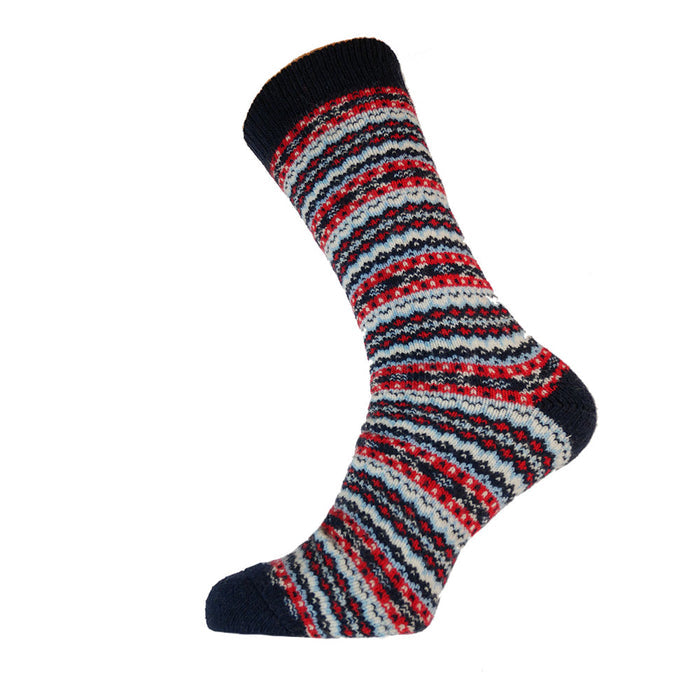 A pair of patterned wool blend socks in blue, red, and white colors.