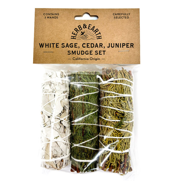 HERB & EARTH - White Sage, Cedar, Juniper Smudge Set 3pcs