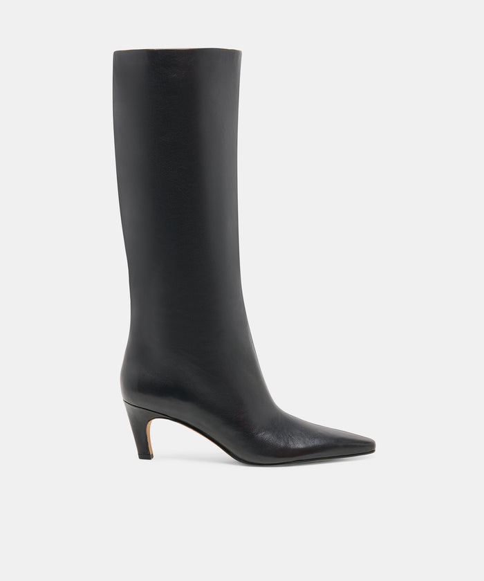 JAZMIN Black Leather Sculptural Kitten-Heel Knee-High Boots | Dolce Vita