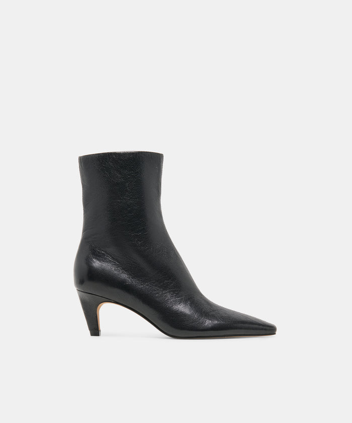 KARLIE Black Leather Pointed-Toe Kitten Heel Ankle Bootie | Dolce Vita