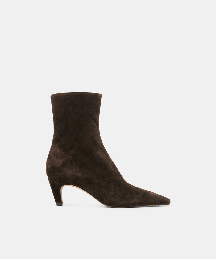 KARLIE Espresso Suede Pointed-Toe Kitten Heel Ankle Bootie | Dolce Vita