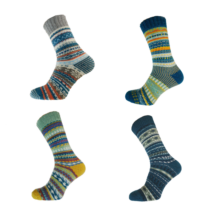4 pairs of Gemjar men's cosy crew socks in blue toned Fairisle patterns on a white background