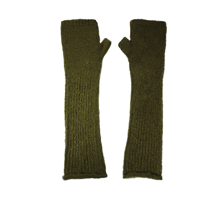 Pair of elbow length green knitted fingerless gloves on a white background