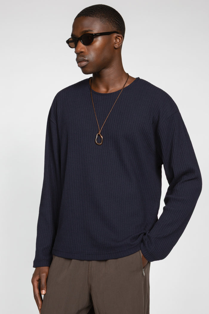 Long Sleeve Oversized Top - Navy Waffle Knit