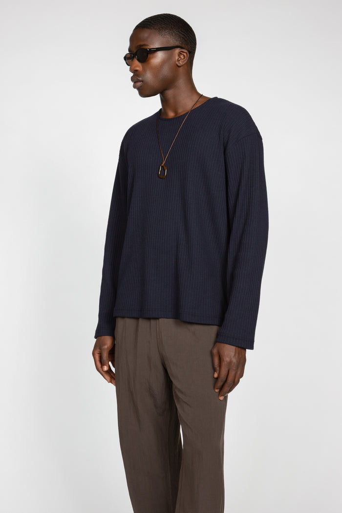 Long Sleeve Oversized Top - Navy Waffle Knit