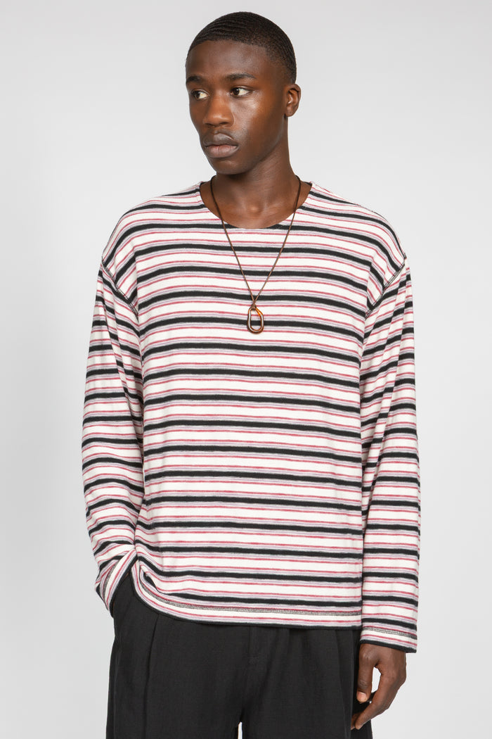 Long Sleeve Oversized Top - White / Black / Red Stripe