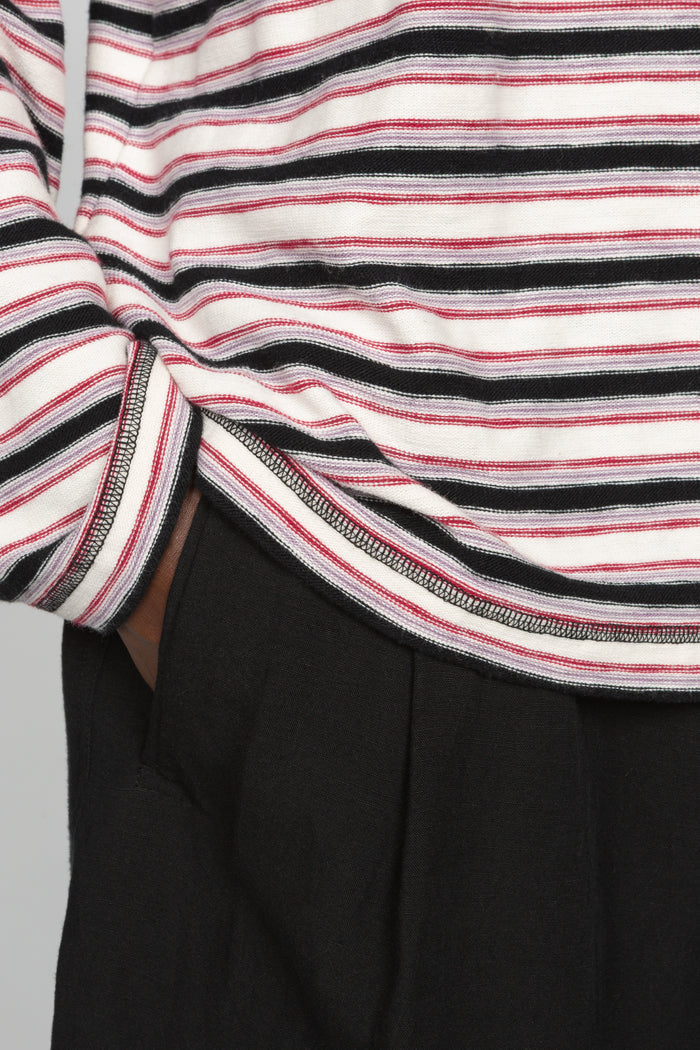 Long Sleeve Oversized Top - White / Black / Red Stripe