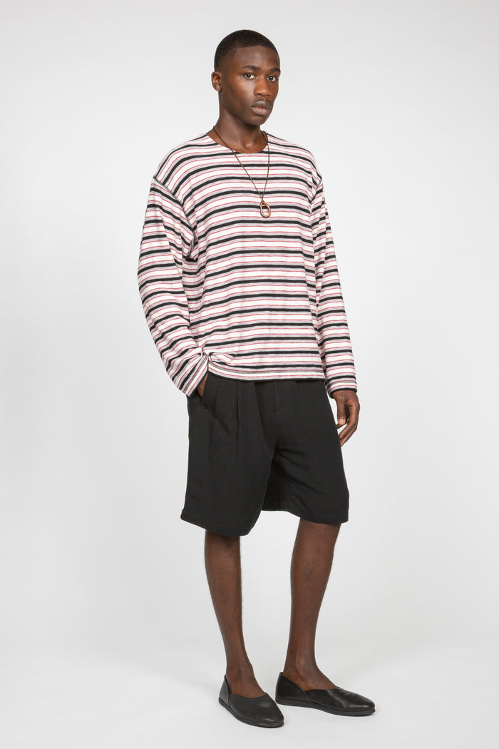Long Sleeve Oversized Top - White / Black / Red Stripe