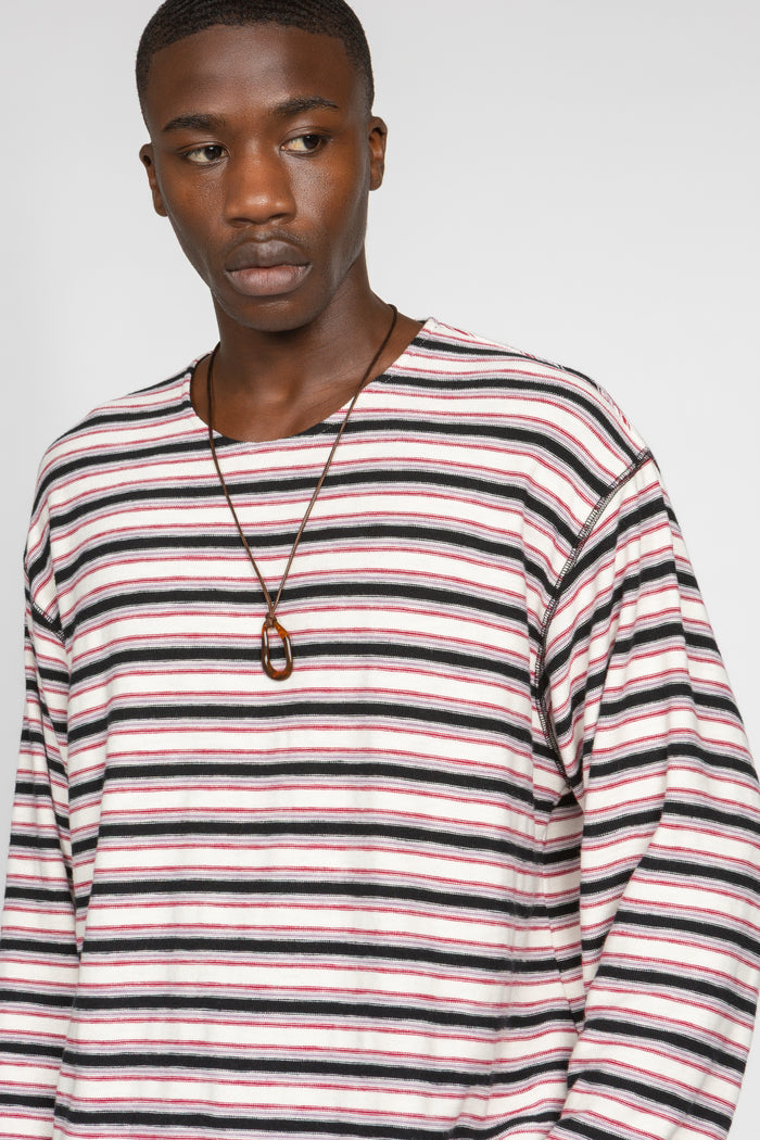 Long Sleeve Oversized Top - White / Black / Red Stripe