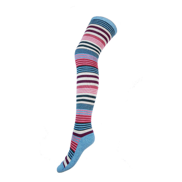 A pair of light blue striped over-the-knee wool blend socks with a visible striped pattern.