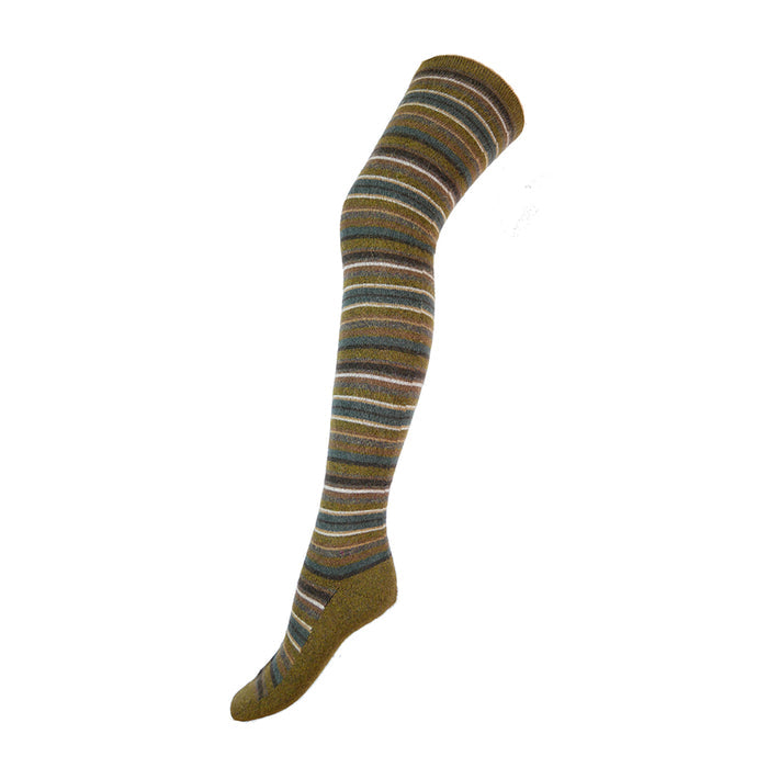 A single green striped over-the-knee sock.