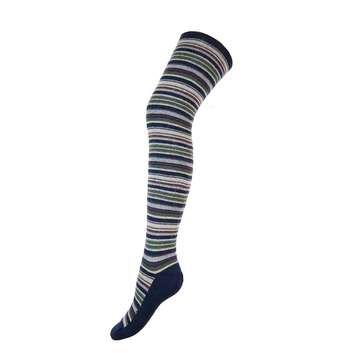 A single dark blue striped over-the-knee sock with multiple colors in the stripes and a solid dark blue sole, heel and toe.