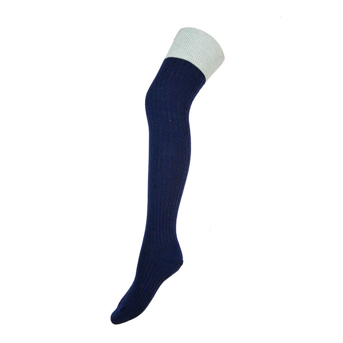 A single dark blue over-the-knee wool blend sock with a white cuff.