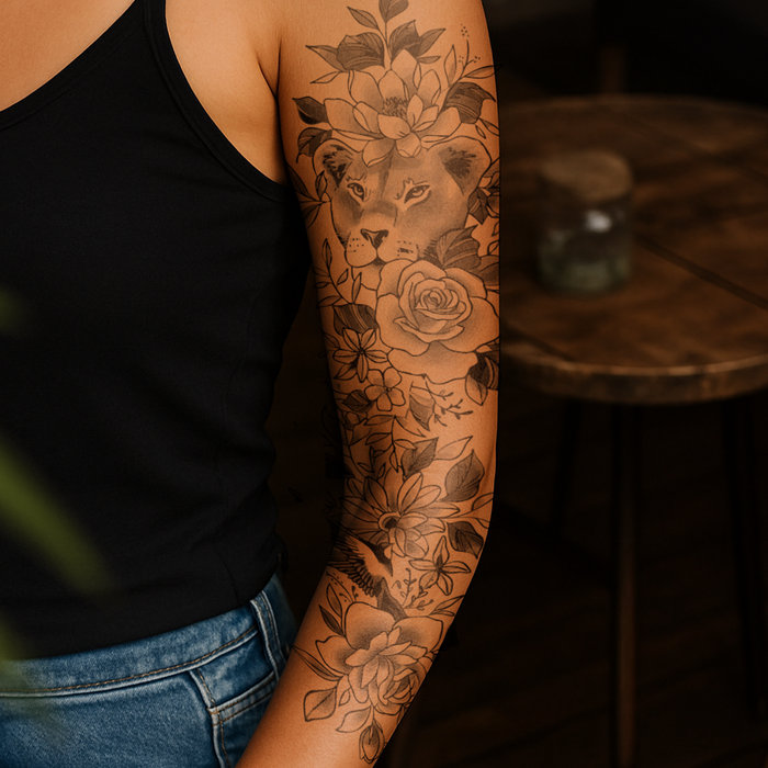 Löwin mit Blumen Tattoo Sleeve