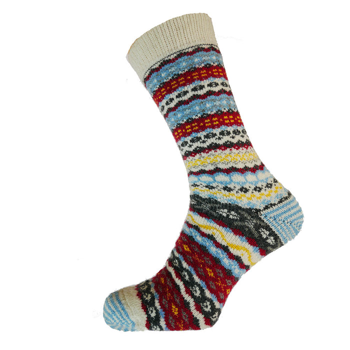 A pair of patterned wool blend socks withScandi design in pale blue, red, grey and white.