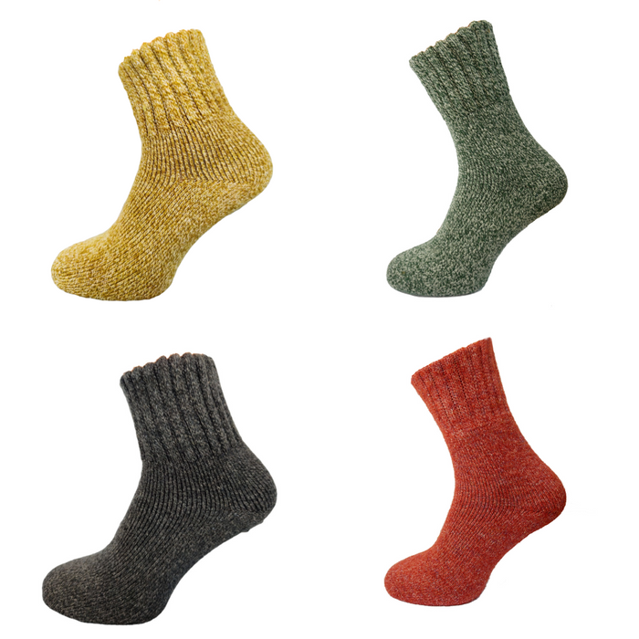 Four pairs of knitted socks in yellow, green, gray, and red on a white background.